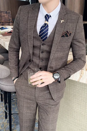 S-7XL (Jacket+Vest+Pants) Fashion Boutique Lattice Formal Business Mens Suit 3Pcs Set Groom Wedding Dress Plaid Suit Show Stage