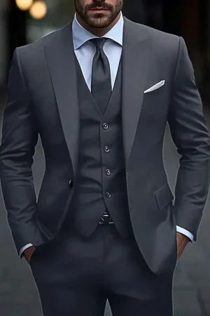 Dark Grey High Quality Men Suits Slim Fit Single Breasted Peak Lapel Elegant Groom 3 Piece Jacket Pants Vest Male Sets
