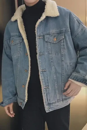 Winter Lamb Wool Denim Jacket for Men Korean Version Trendy Versatile Velvet and Thickened Cotton Men's Jacket Handsome Coat