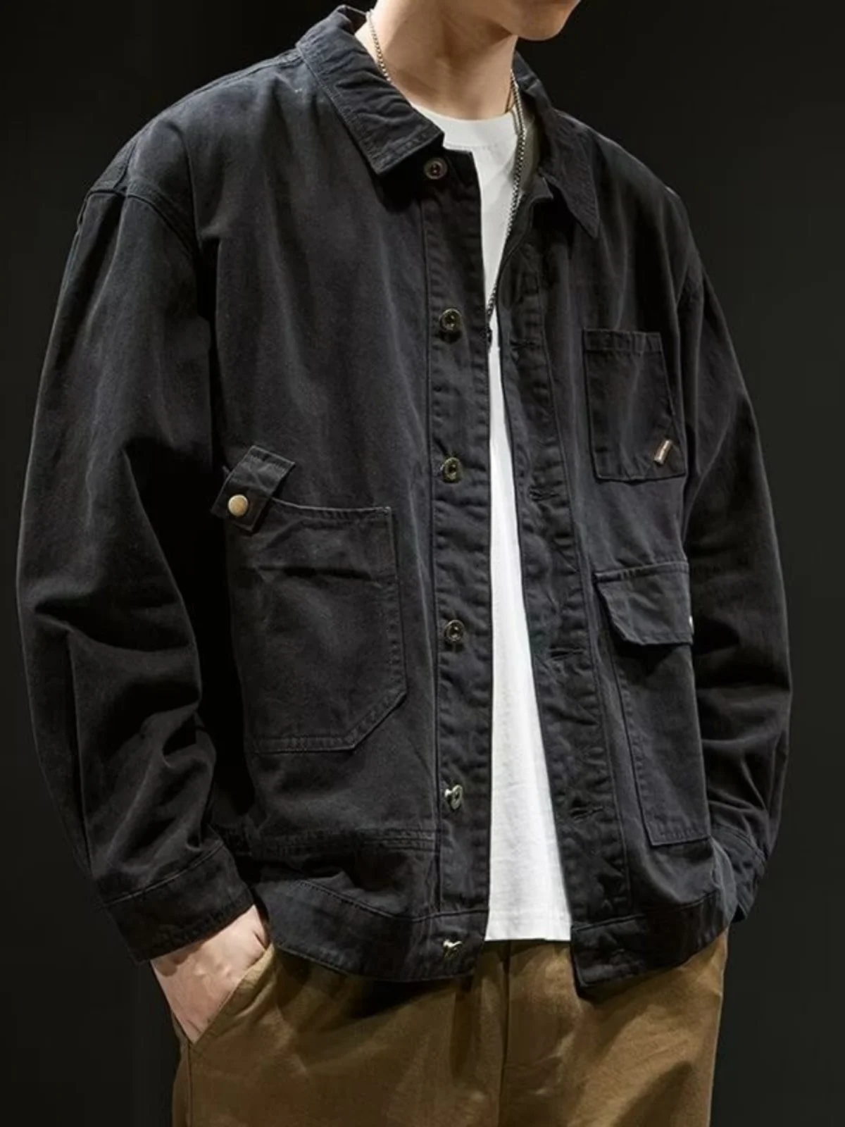 Retro Workwear Style Men's Cotton Denim Jacket Spring Autumn Casual Fashionable Hunting Coat with Multiple Pockets for Youth - Image 2