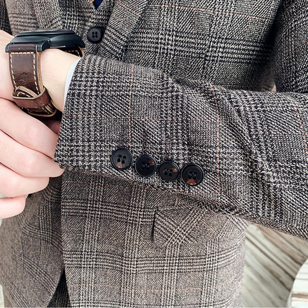 S-7XL (Jacket+Vest+Pants) Fashion Boutique Lattice Formal Business Mens Suit 3Pcs Set Groom Wedding Dress Plaid Suit Show Stage - Image 6