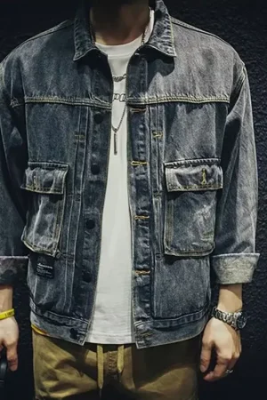 Korean Version Spring And Autumn New Men'S Retro Workwear Casual Denim Jacket Slim Fit Lapel Jacket Large Pocket Denim Jacket