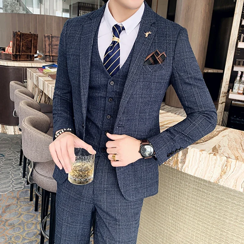 S-7XL (Jacket+Vest+Pants) Fashion Boutique Lattice Formal Business Mens Suit 3Pcs Set Groom Wedding Dress Plaid Suit Show Stage - Image 4