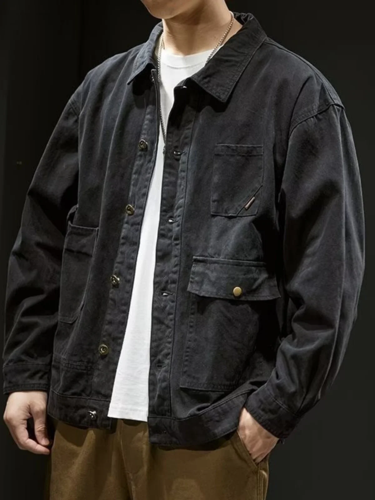 Retro Workwear Style Men's Cotton Denim Jacket Spring Autumn Casual Fashionable Hunting Coat with Multiple Pockets for Youth - Image 3