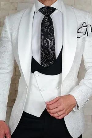 Luxury White Jacquard Groomsmen Tuxedos Shawl Lapel Men 's Suit For Wedding Prom Best Man Blazer Prom Jacket with Pants Set