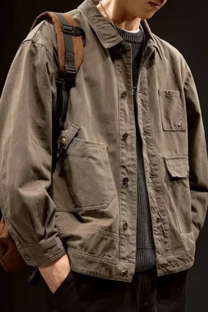Retro Workwear Style Men's Cotton Denim Jacket Spring Autumn Casual Fashionable Hunting Coat with Multiple Pockets for Youth