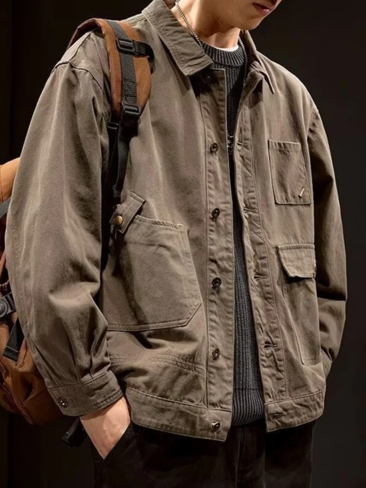 Retro Workwear Style Men's Cotton Denim Jacket Spring Autumn Casual Fashionable Hunting Coat with Multiple Pockets for Youth