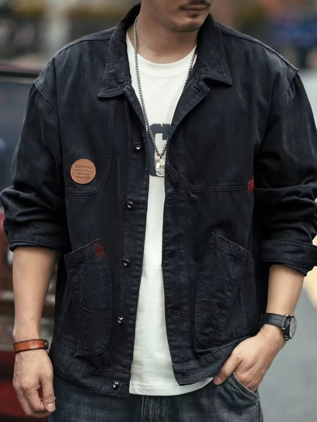 Retro Workwear Style Men's Cotton Denim Jacket Spring Autumn Casual Fashionable Hunting Coat with Multiple Pockets for Youth - Image 5