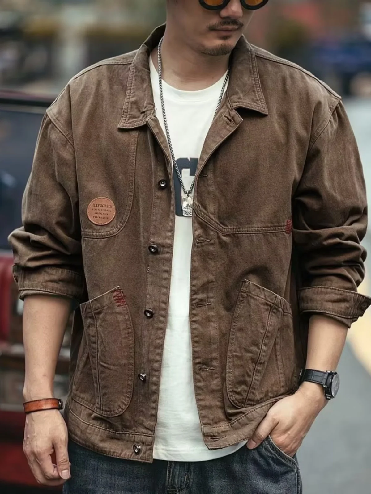Retro Workwear Style Men's Cotton Denim Jacket Spring Autumn Casual Fashionable Hunting Coat with Multiple Pockets for Youth - Image 4