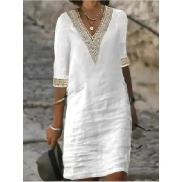 Women Cotton Linen Mini Dresses Summer Fashion Retro Solid V Neck Loose Dress Female Casual Elegant Mid-Sleeve Dress Vestidos