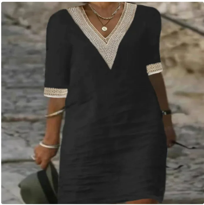 Women Cotton Linen Mini Dresses Summer Fashion Retro Solid V Neck Loose Dress Female Casual Elegant Mid-Sleeve Dress Vestidos - Image 4