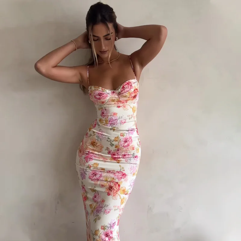 New Floral Suspender Split Slim Sleeveless Patry Beach Style Spaghetti Strap Dress Women Clothes Mini Dress 2024 Summer - Image 3