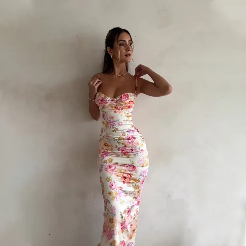 New Floral Suspender Split Slim Sleeveless Patry Beach Style Spaghetti Strap Dress Women Clothes Mini Dress 2024 Summer - Image 2