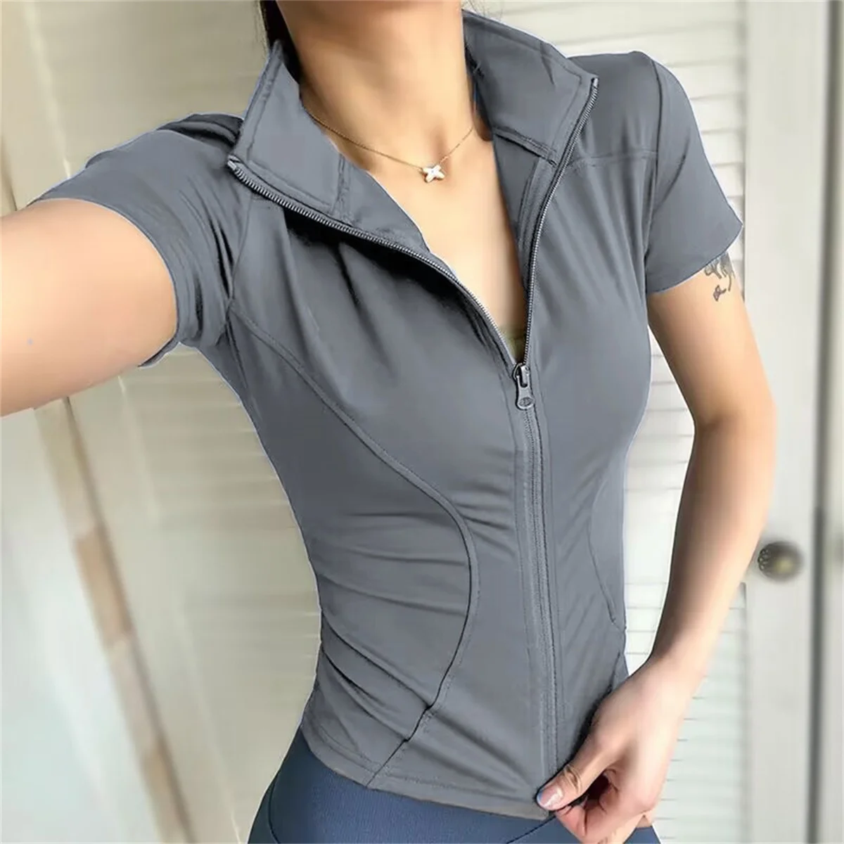 Casual Slim Sports Coat For Women Short Sleeve Solid Zipper Tops Female Cycling Running Yoga Outfit Clothes Summer Sport Jacket - Image 6