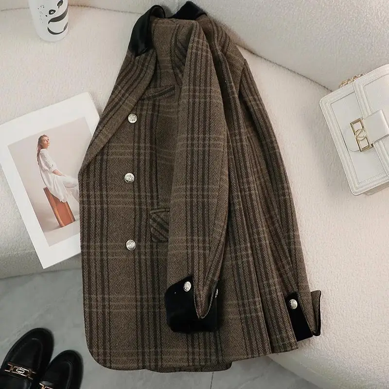 Autumn Winter New Blazer Coats Women's Woolen Jackets Long Sleeve Plaid Print Vintage Thick Outerwears Elegant Jaqueta Feminina - Image 5