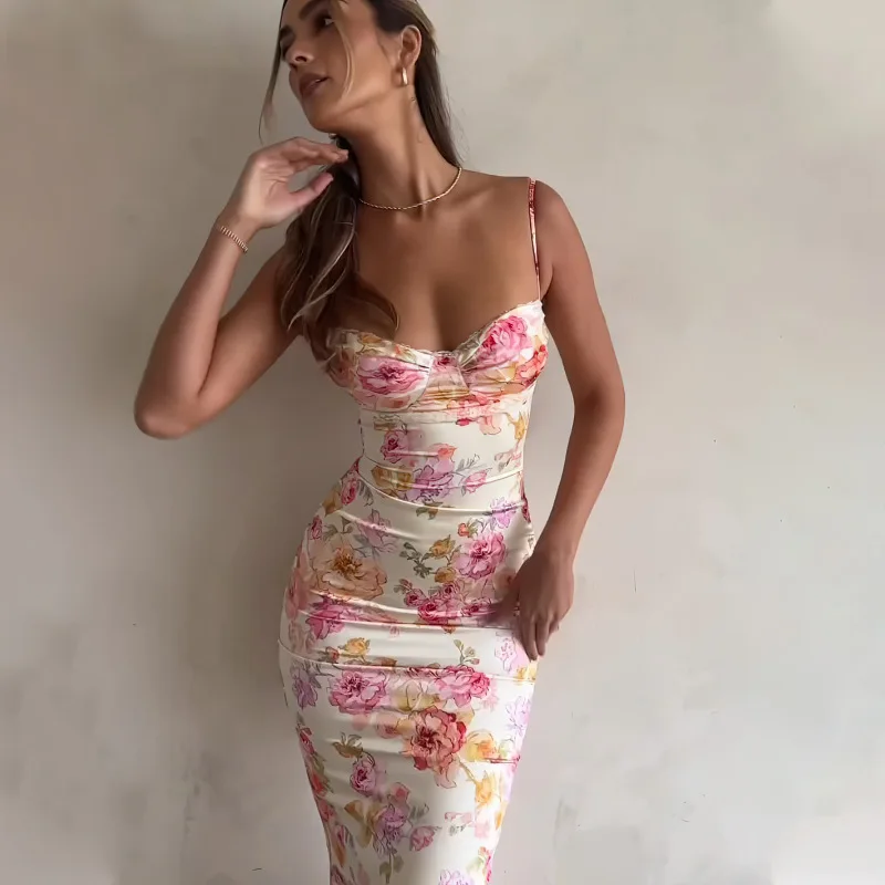 New Floral Suspender Split Slim Sleeveless Patry Beach Style Spaghetti Strap Dress Women Clothes Mini Dress 2024 Summer - Image 5