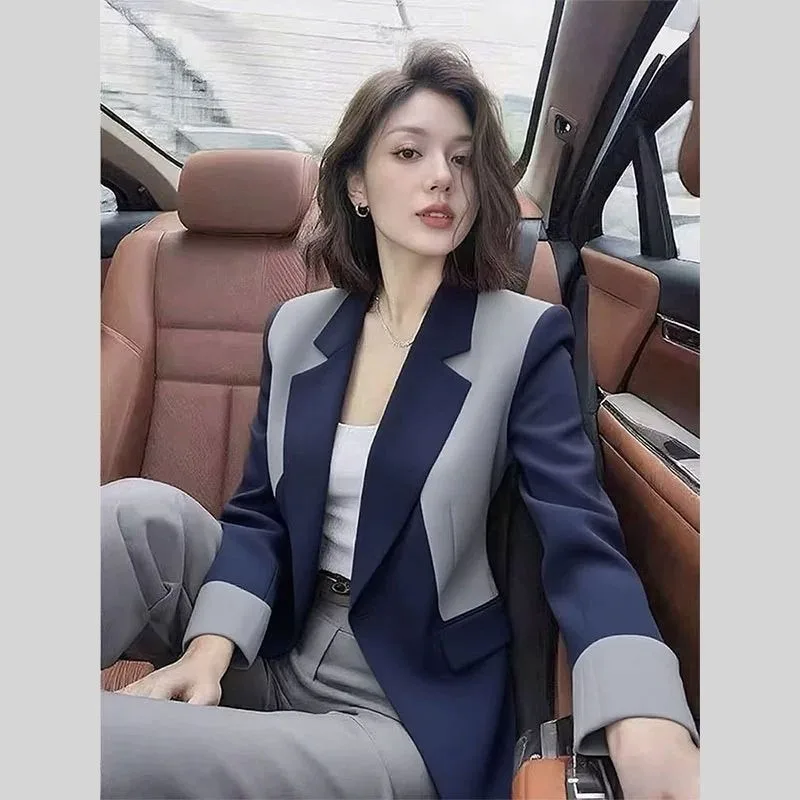 2026 Spring Fashion New Women's Professional High End Suit Jacket Color Blocked Temperament Long Sleeved Blazer Women - Image 5