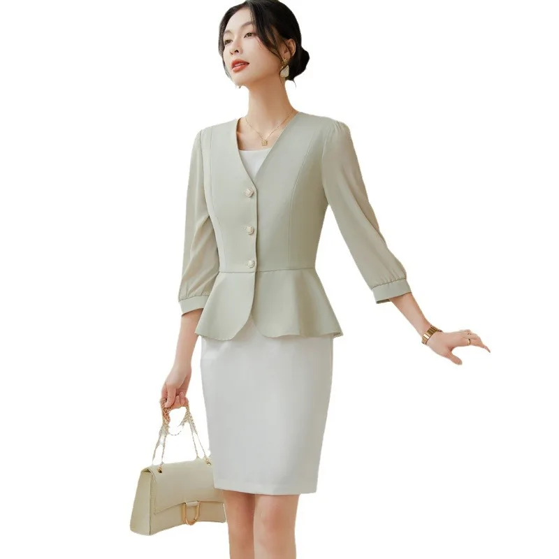 Women Casual 2 Pieces Set 2024 New Fashion Lantern Sleeve Jacket + White Dress Suit Office Ladies Business Blazers Skirt Set - Image 3