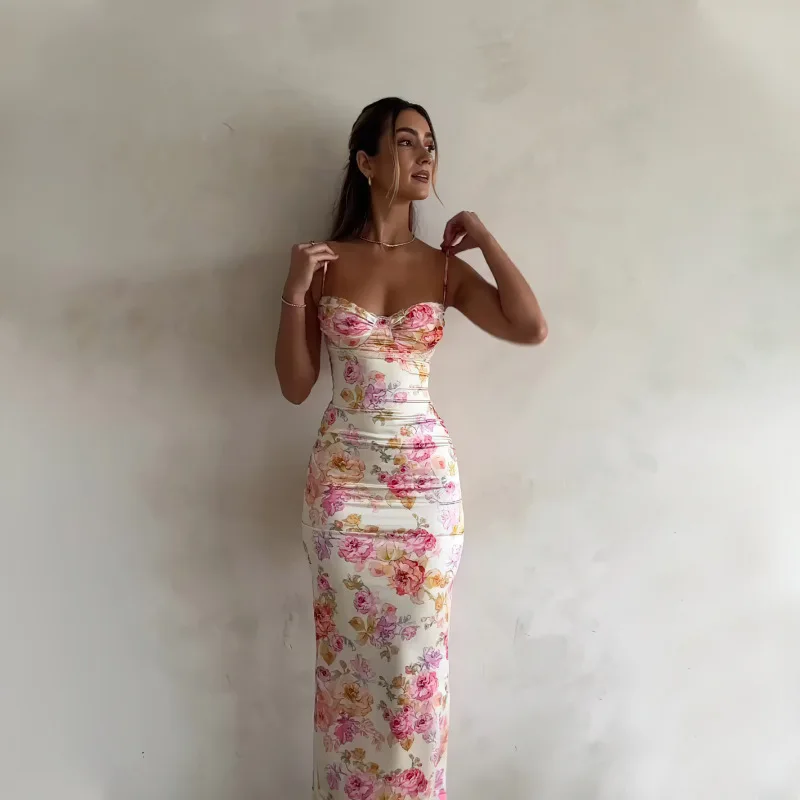 New Floral Suspender Split Slim Sleeveless Patry Beach Style Spaghetti Strap Dress Women Clothes Mini Dress 2024 Summer - Image 4