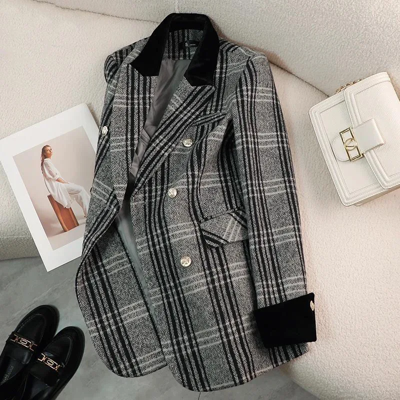 Autumn Winter New Blazer Coats Women's Woolen Jackets Long Sleeve Plaid Print Vintage Thick Outerwears Elegant Jaqueta Feminina - Image 3