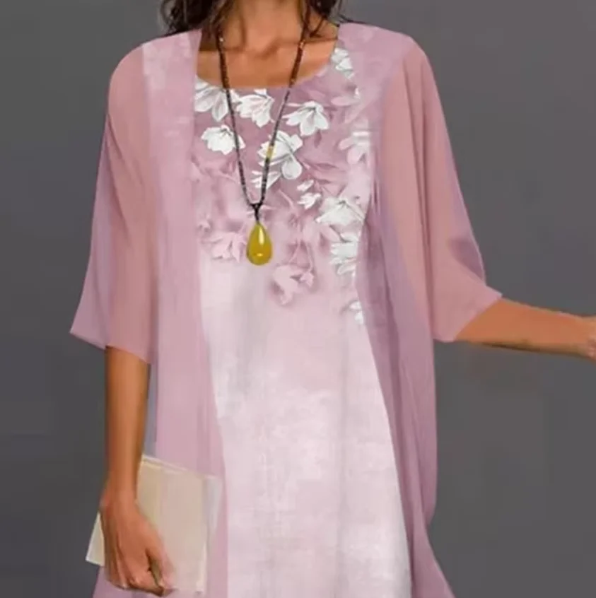 2024 Europe and the United States summer women's casual dress two-piece floral print round collar repair maxi - Image 5