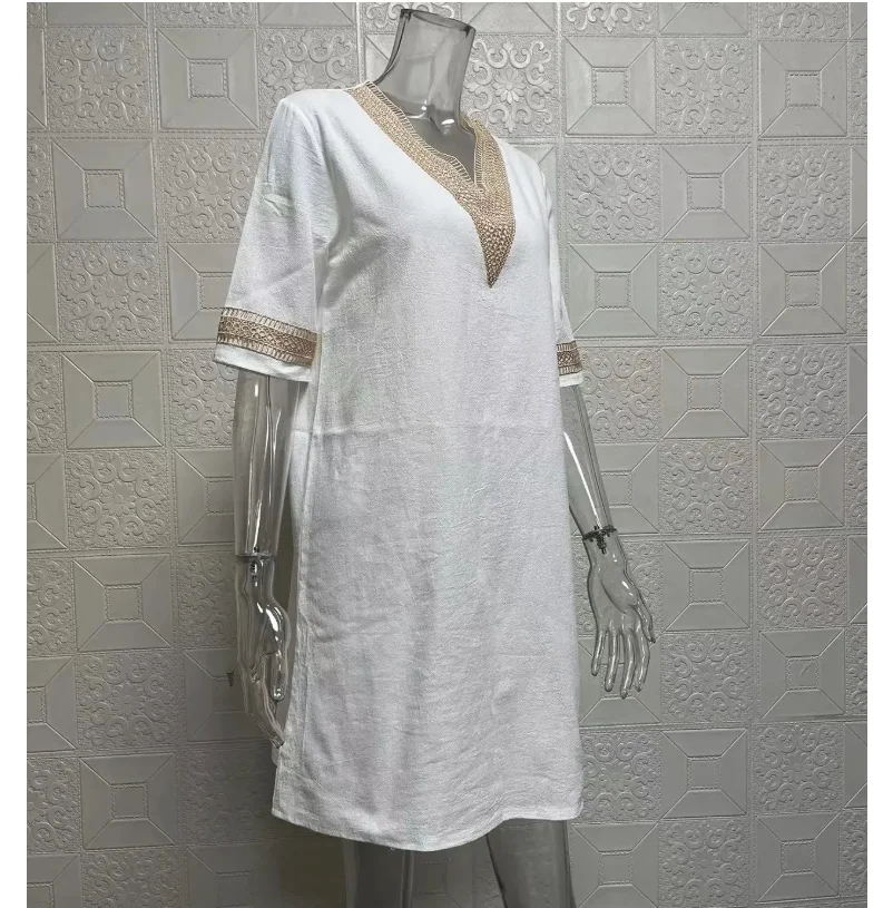 Women Cotton Linen Mini Dresses Summer Fashion Retro Solid V Neck Loose Dress Female Casual Elegant Mid-Sleeve Dress Vestidos - Image 3