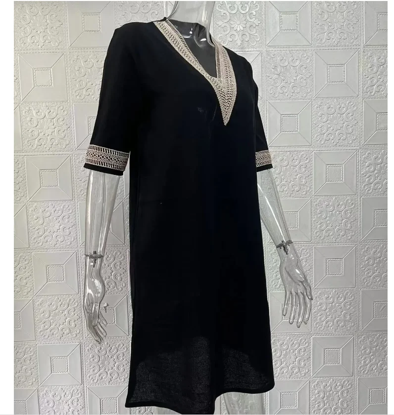 Women Cotton Linen Mini Dresses Summer Fashion Retro Solid V Neck Loose Dress Female Casual Elegant Mid-Sleeve Dress Vestidos - Image 5