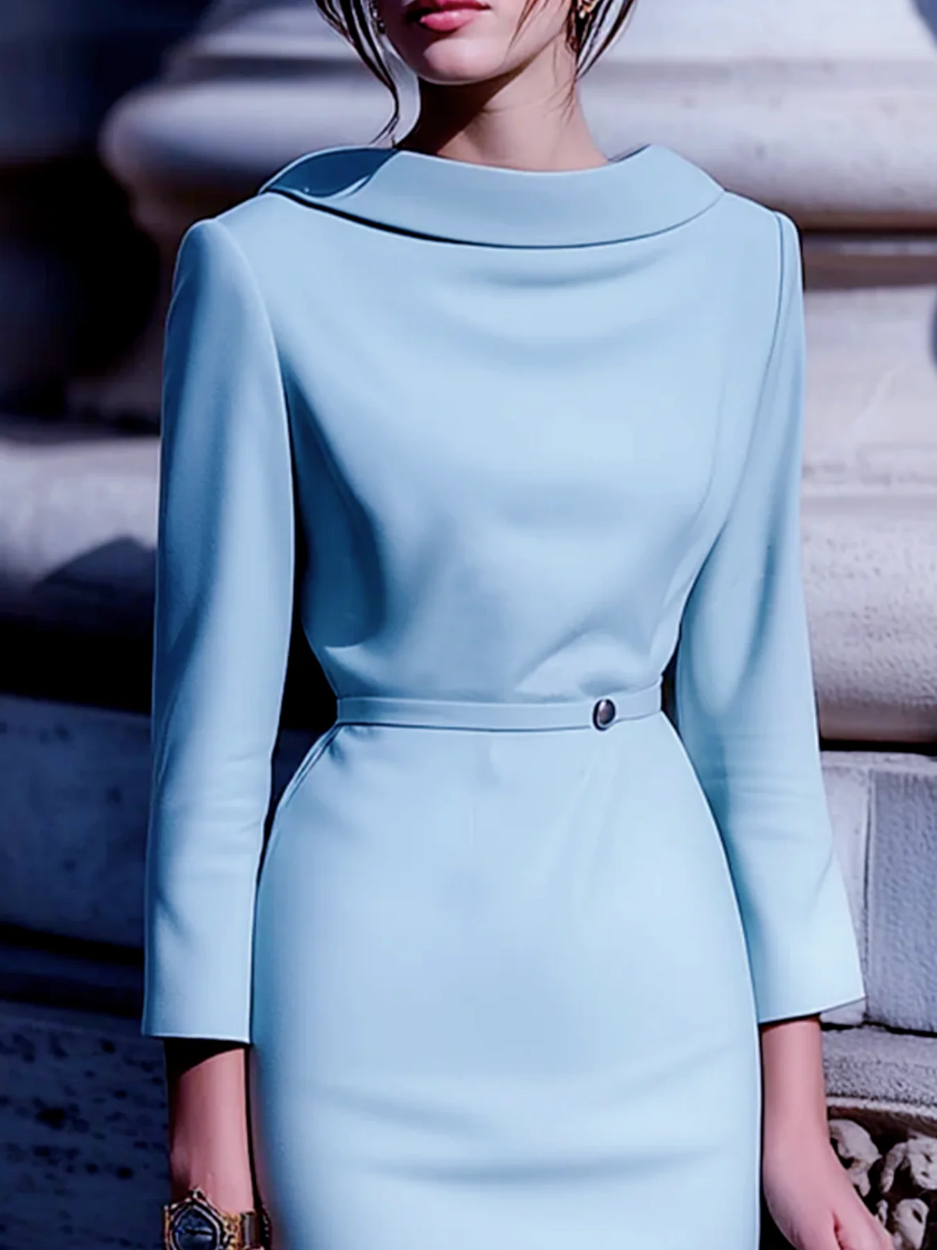 Elegant Solid Color Commute Party Turn-down Collar Boat Neck Back V-neck Belted Mid-Sleeve Gown Dress - Image 3