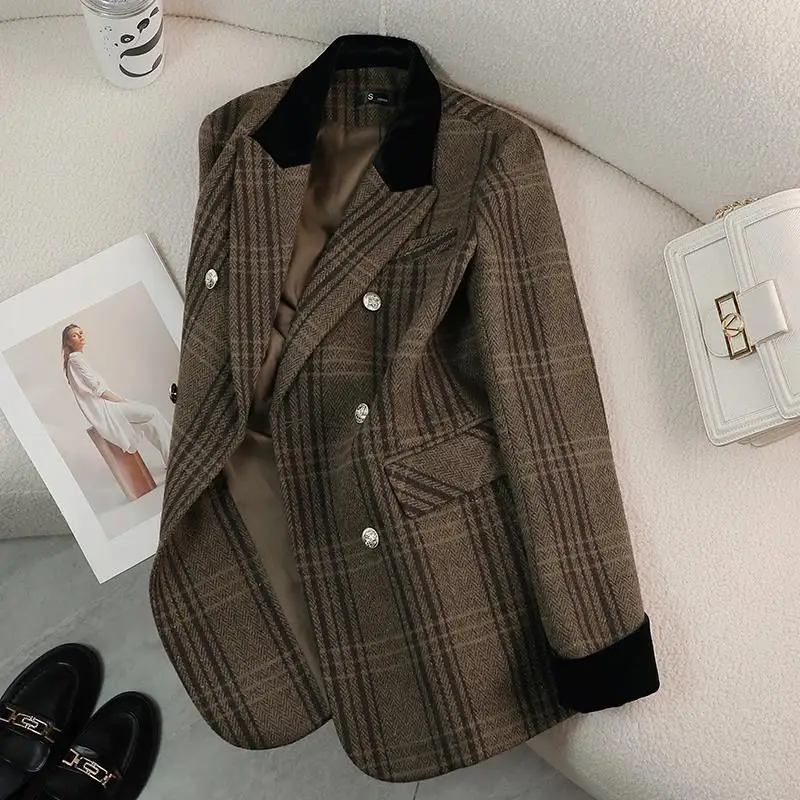 Autumn Winter New Blazer Coats Women's Woolen Jackets Long Sleeve Plaid Print Vintage Thick Outerwears Elegant Jaqueta Feminina - Image 4