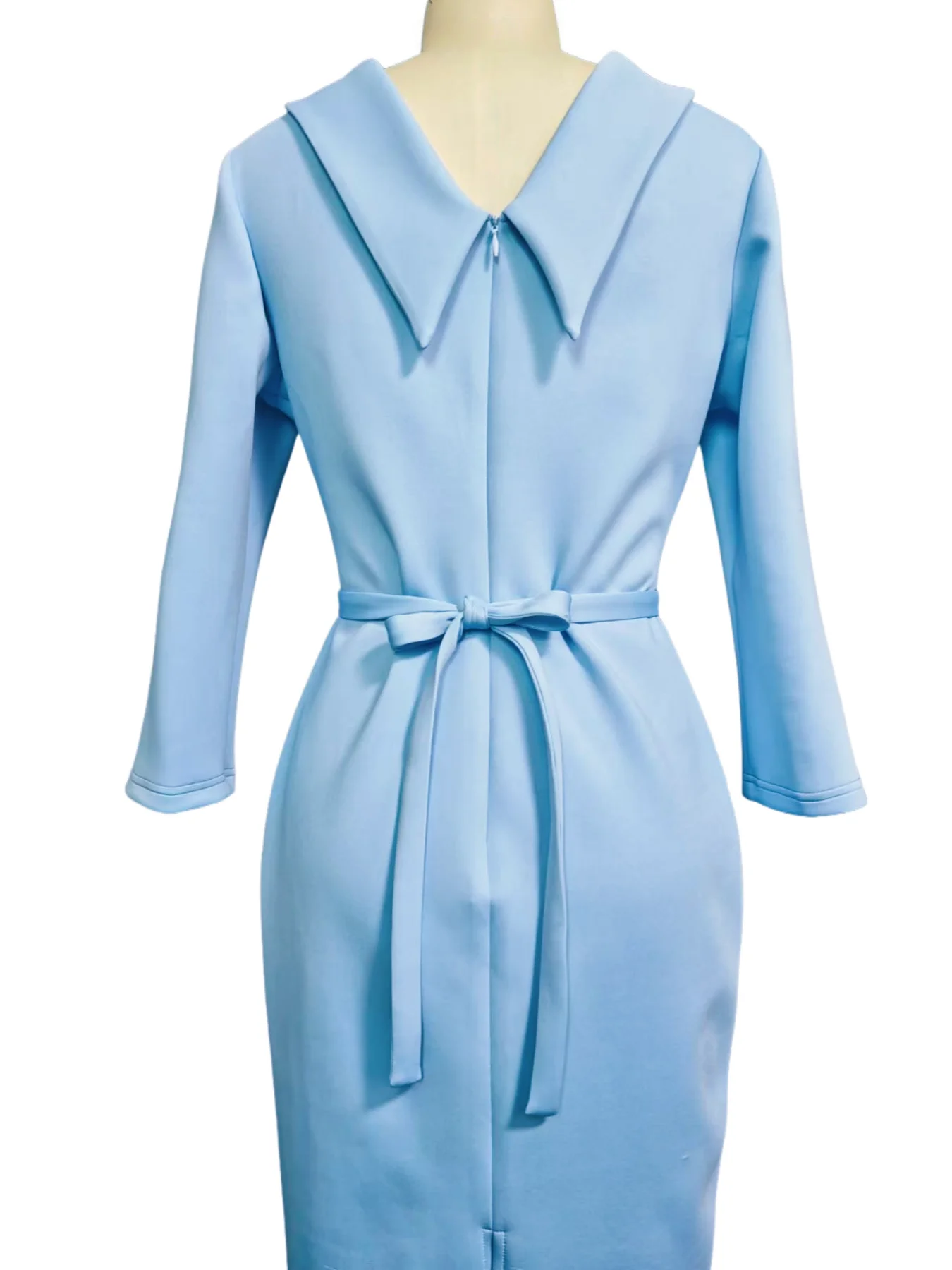 Elegant Solid Color Commute Party Turn-down Collar Boat Neck Back V-neck Belted Mid-Sleeve Gown Dress - Image 2