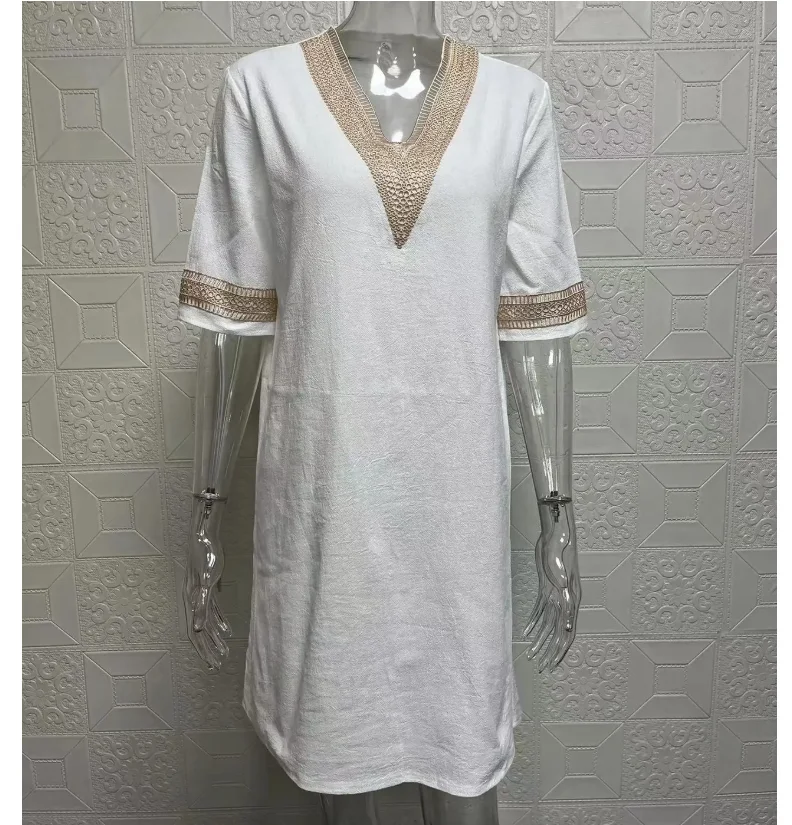 Women Cotton Linen Mini Dresses Summer Fashion Retro Solid V Neck Loose Dress Female Casual Elegant Mid-Sleeve Dress Vestidos - Image 2