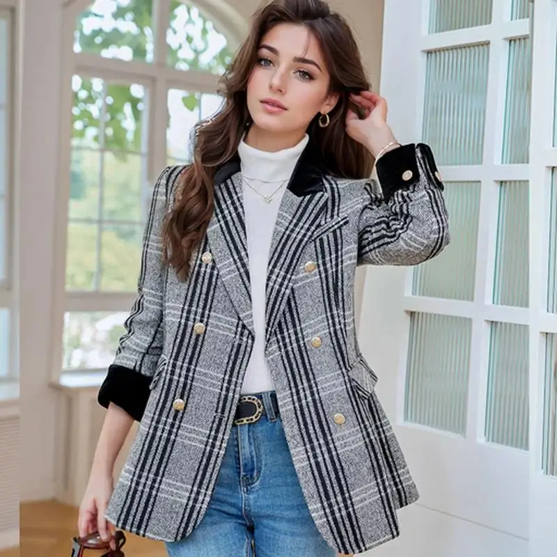 Autumn Winter New Blazer Coats Women's Woolen Jackets Long Sleeve Plaid Print Vintage Thick Outerwears Elegant Jaqueta Feminina - Image 2