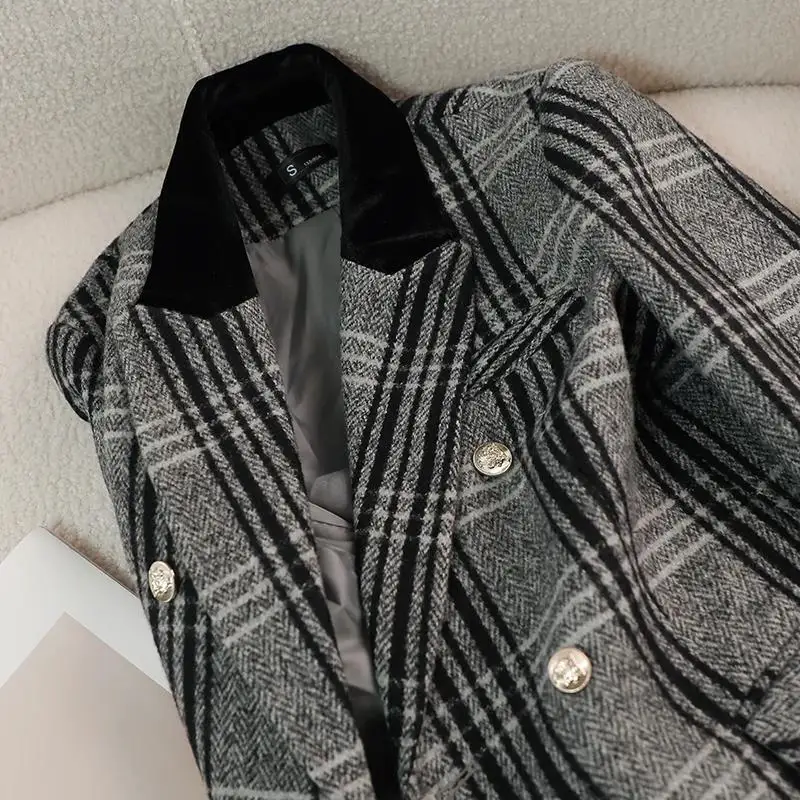 Autumn Winter New Blazer Coats Women's Woolen Jackets Long Sleeve Plaid Print Vintage Thick Outerwears Elegant Jaqueta Feminina - Image 6
